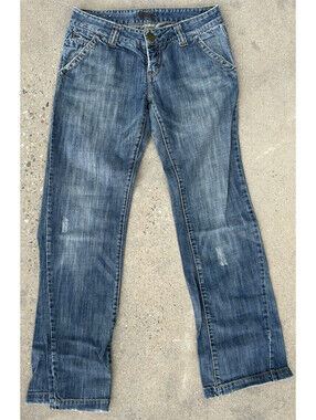 Empire Blue Denim Bootcut Low Rise Streaked Fading 28W x 31L  Size 5 Cowgirl